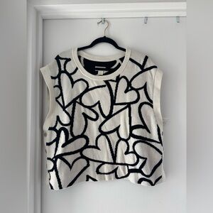 Madewell Heart Pattern Knit Sweater Vest Cream Black Side Snap Sleeveless